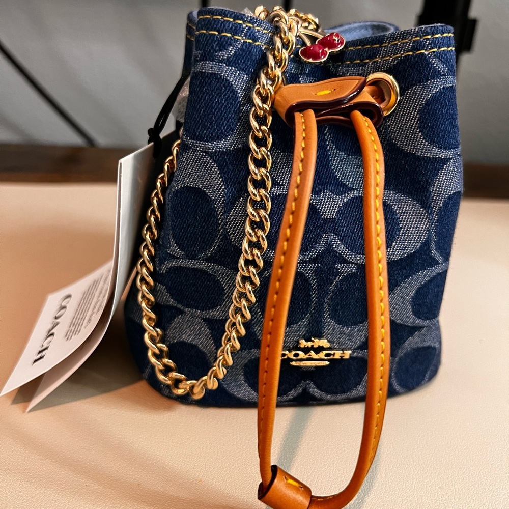 Coach Denim and Tan Mini Bucket Wristlet